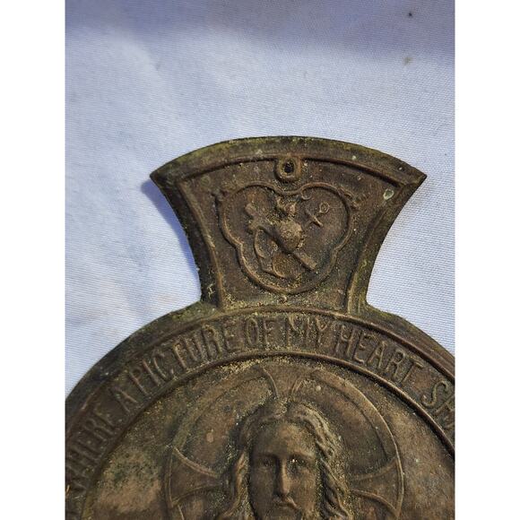 French, Antique Religious Large Door Plate. Jesus Christ, Sacred Heart. 5.6" - Picture 6 of 7